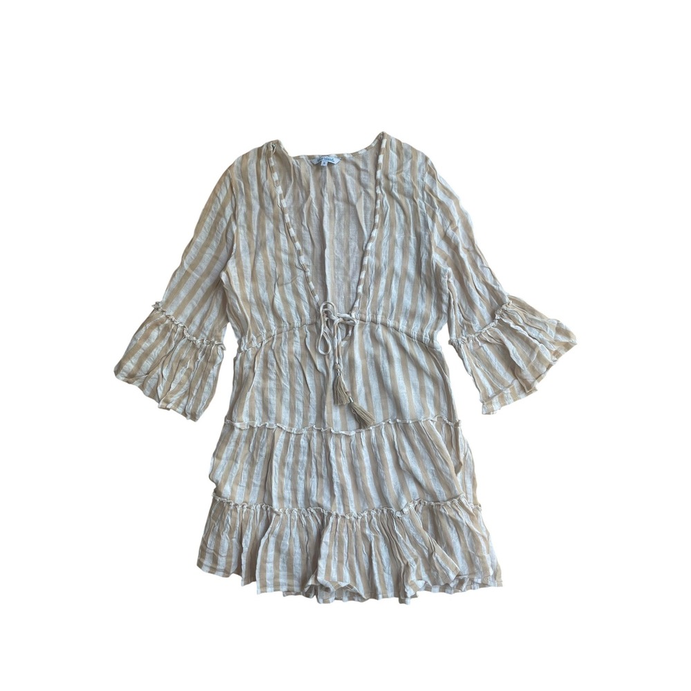 Blue Island Striped Tassel Tie Beach Pool Coverup White Khaki Bell Sleeve Small